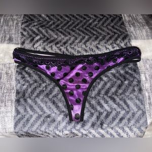 Kiss & Tell Purple Black polka dot thong Satin and lace Panty Size M/6